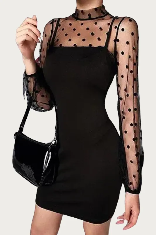 Polka Dot Mesh Sleeve Mini Dress In Black