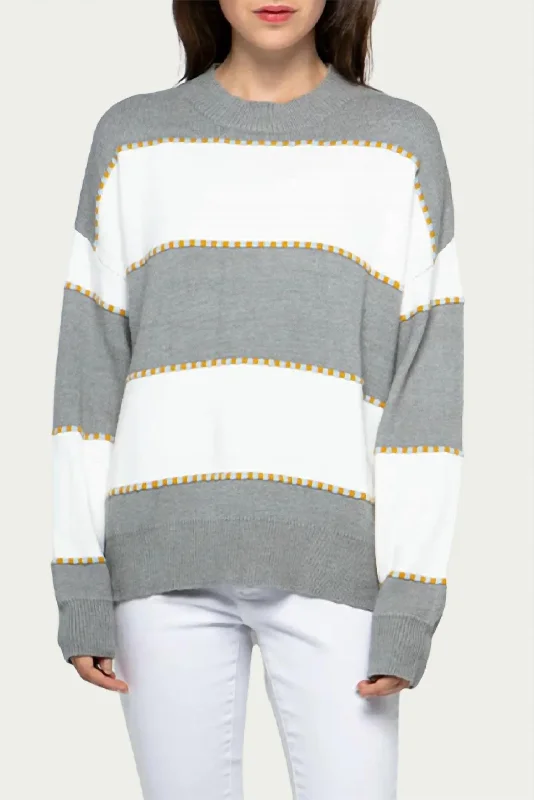 Two-Tone Striped Crewneck Sweater In Heather Grey