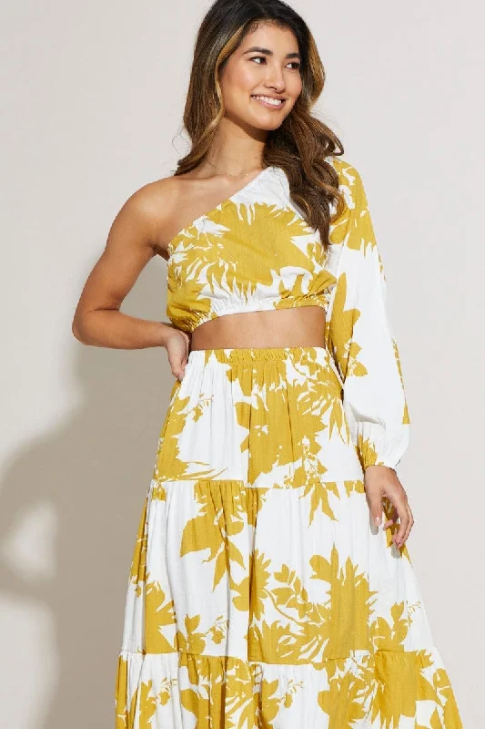 Print Crop Top One Shoulder Long Sleeve